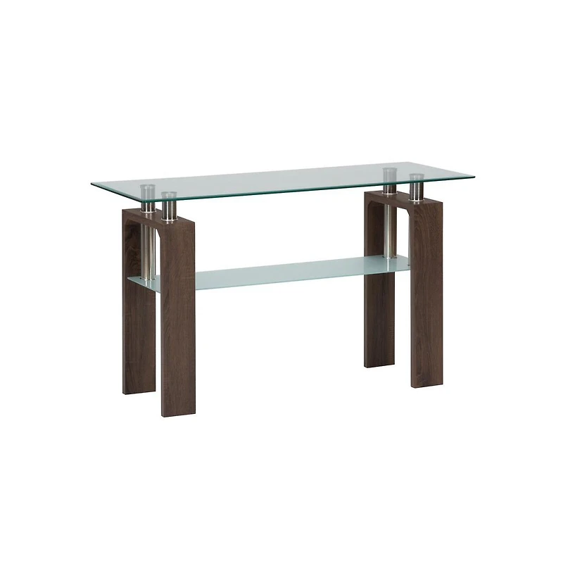 Jofran Compass Clear Modern Glass Sofa Table, Brown Wood and Glass