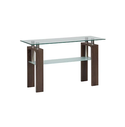 Jofran Compass Clear Modern Glass Sofa Table, Brown Wood and Glass