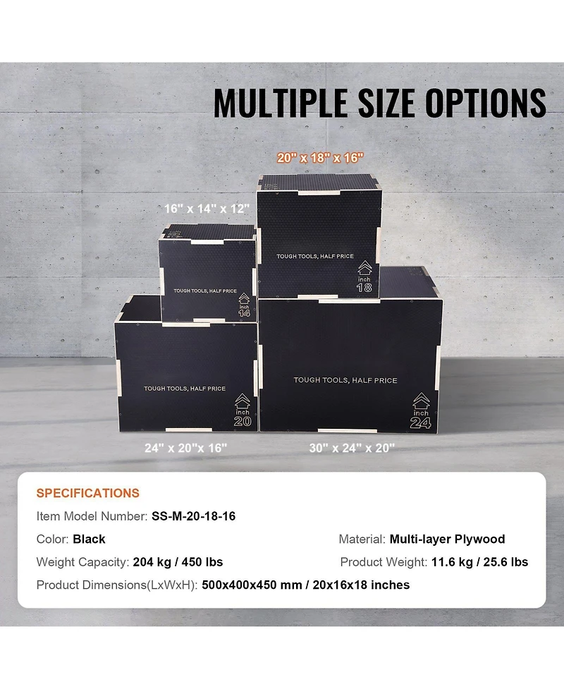 Sugfit 3-in-1 Plyo Jump Box 20/18/16" Wooden Agility Training Box