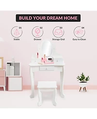 Kids' Vanity Set with Adjustable Mirror, Pretend Play Table and Stool Wood Makeup