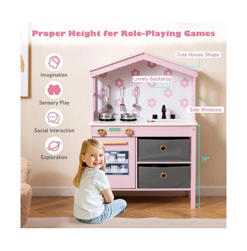 Hongge Kids Play Kitchen with Dual Stoves and Turning Knobs