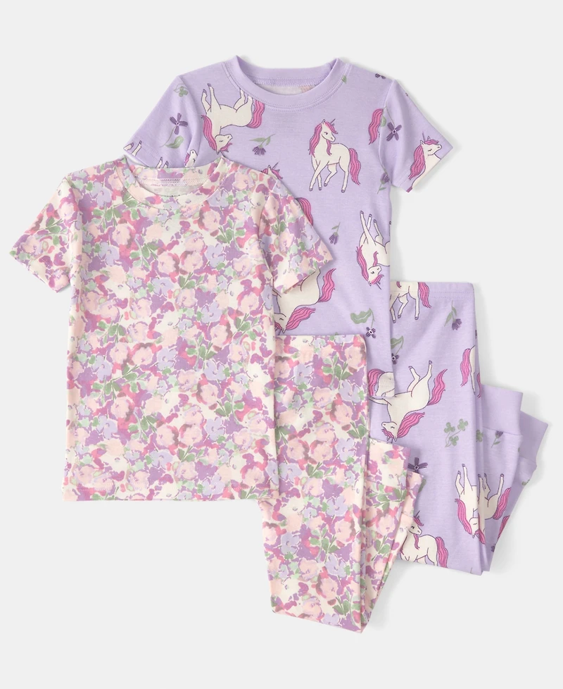 Carter's Girls' Toddler 2T-5T Unicorn Floral Top and Pajama Pants, 4-Piece Set