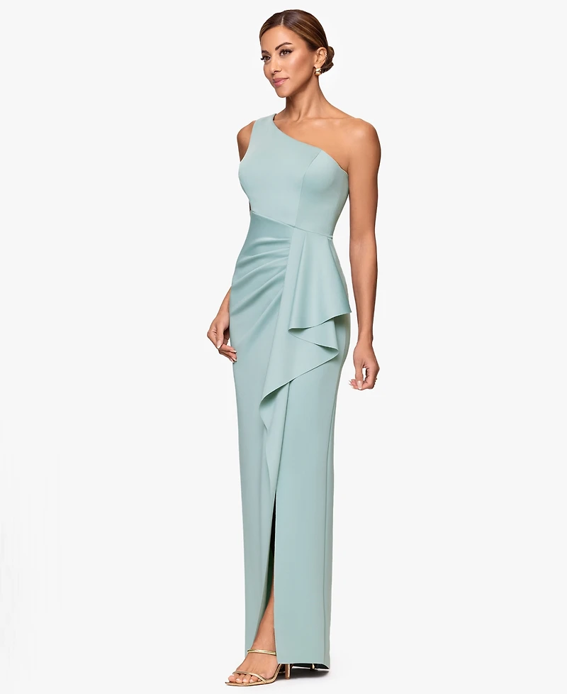 Xscape Petite One-Shoulder Side Ruching Gown