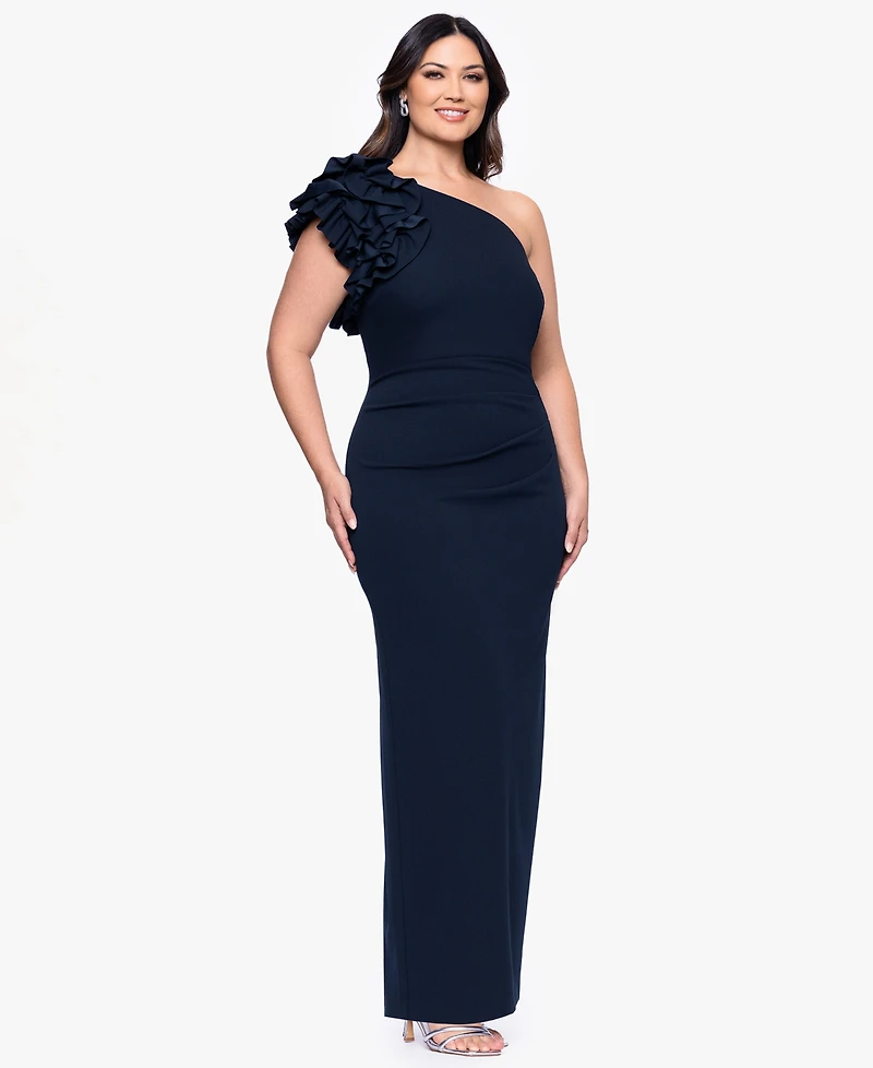 Xscape Plus One-Shoulder Ruffle Ball Gown