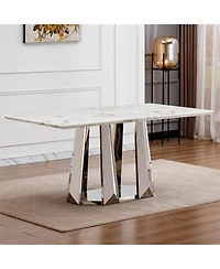 Streamdale Furniture Marble Dining Table for 6 People, 70" Faux Marble & Stainless Steel Base Silver, White