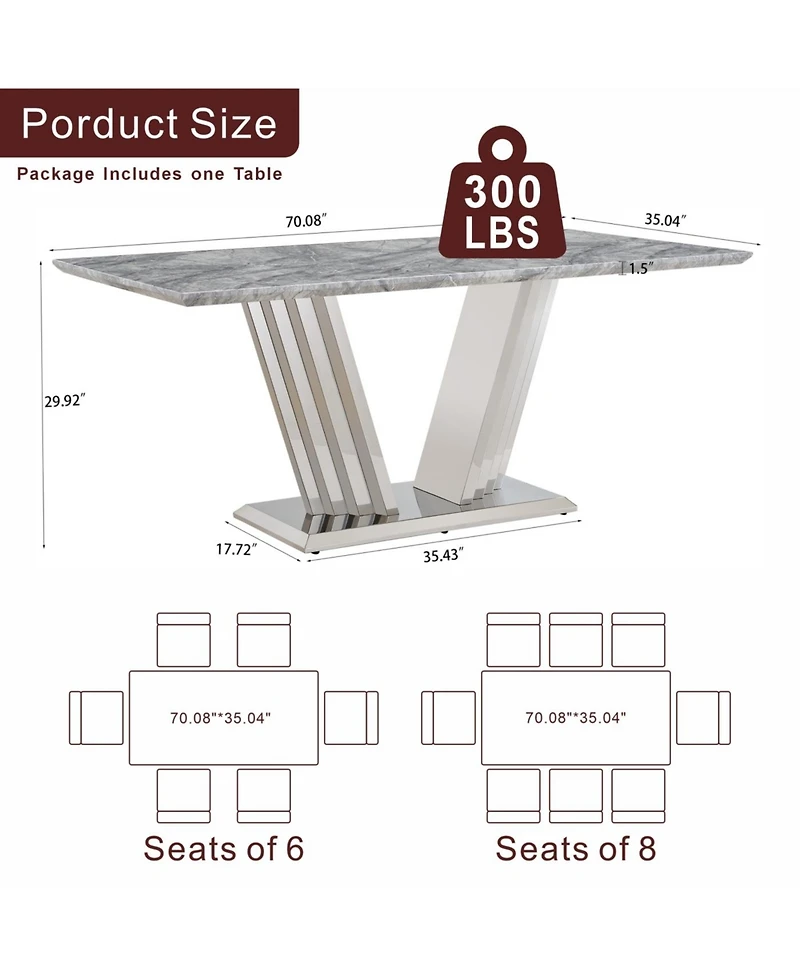 Streamdale Furniture Marble Dining Table for 6, 70" Faux Marble Rectangle Table with Stainless Steel Base (Silver