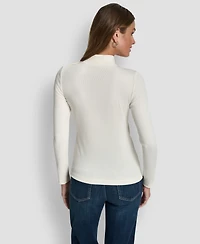 Dkny Jeans Women's Jewel Button Shoulder Mock Neck Long-Sleeve T-Shirt
