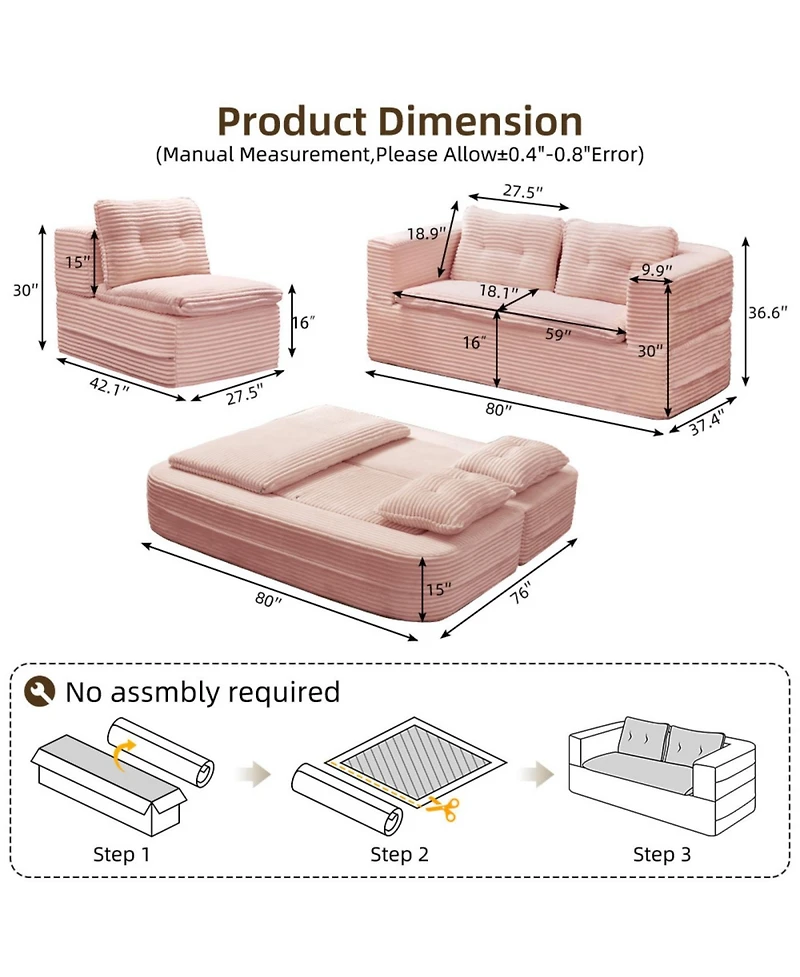 Streamdale FurnitureMulti-Functional Sectional Sofa Bed with Chaise Lounge, King Size, Baby Pink