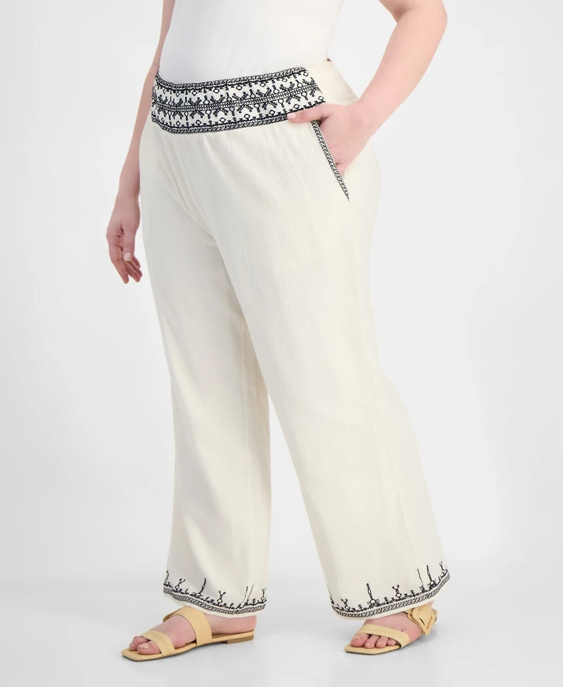 And Now This Trendy Plus Embroidered Cotton Wide Leg Pants, Macy's Exclusive