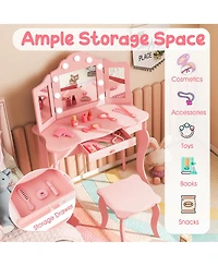 Costway Kid Vanity Table Stool Set Tri-Folding Mirror Adjustable 3-Color Led Light