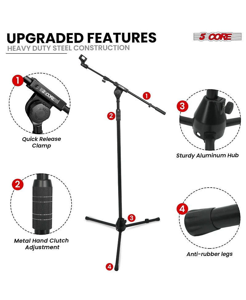 5 Core Mic Stand 2Pcs Adjustable Microphone Stands Floor w 180° Rotating Telescoping Metal Boom Arm