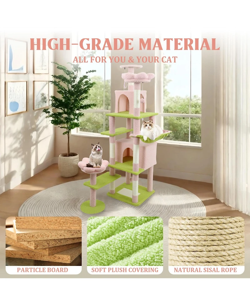 Zeus & Ruta 71 Pink Flower Cat Tree Large Condo Removable Cushion Hammock