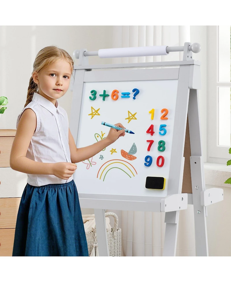 Hongge Adjustable Wooden Kids Art Easel With Chalkboard Whiteboard And Paper Roll