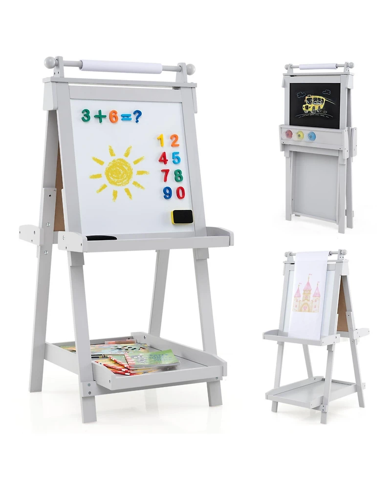 Hongge Adjustable Wooden Kids Art Easel With Chalkboard Whiteboard And Paper Roll