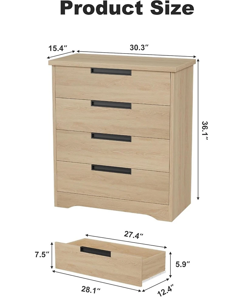 gaomon 4 Drawer Dresser for Bedroom, Natural Chest of Drawers with Embedded Handles Design