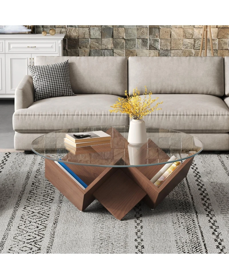 Streamdale Furniture Round Coffee Table with Glass Top & Art Deco Base, Walnut, 35.4