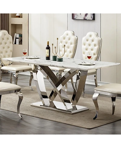 Streamdale Furniture Marble Dining Table for 6, 70" Rectangle Faux Marble Table with Stainless Steel Base.