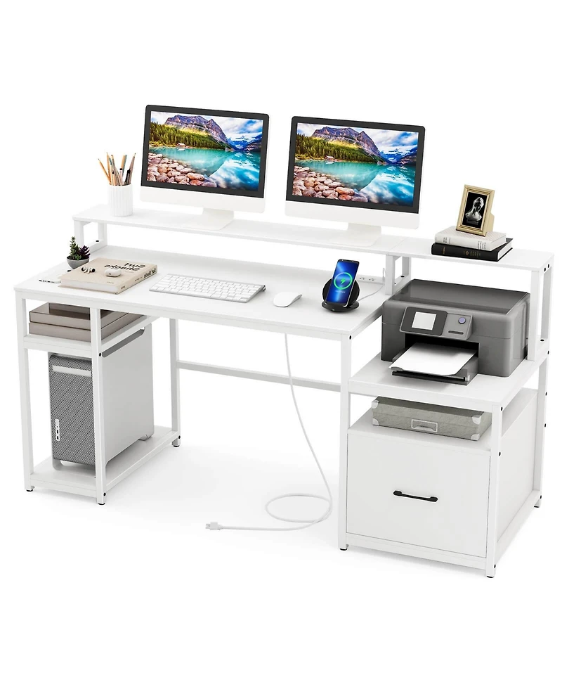 Costway 66" Computer Workstation with Monitor Stand Cpu Stand Printer Shelf & File Drawer