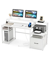 Costway 66" Computer Workstation with Monitor Stand Cpu Stand Printer Shelf & File Drawer