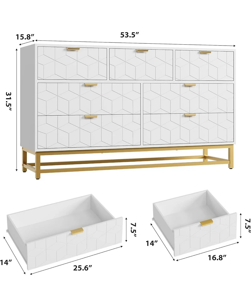 gaomon Modern 7 Drawer Dresser, Wide Chest with Gold Metal Legs & Handles, Wood Storage Organizer for Bedroom, Living Room, Hallway