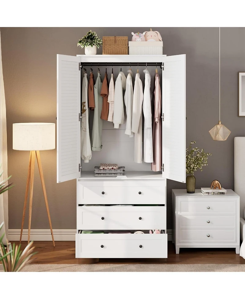 gaomon Modern Armoire Wardrobe Closet with 3 Drawers & 2 Doors, Tall Standing Wooden Cabinet for Hanging Clothes, Heavy Duty Storage