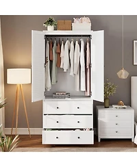gaomon Modern Armoire Wardrobe Closet with 3 Drawers & 2 Doors, Tall Standing Wooden Cabinet for Hanging Clothes, Heavy Duty Storage