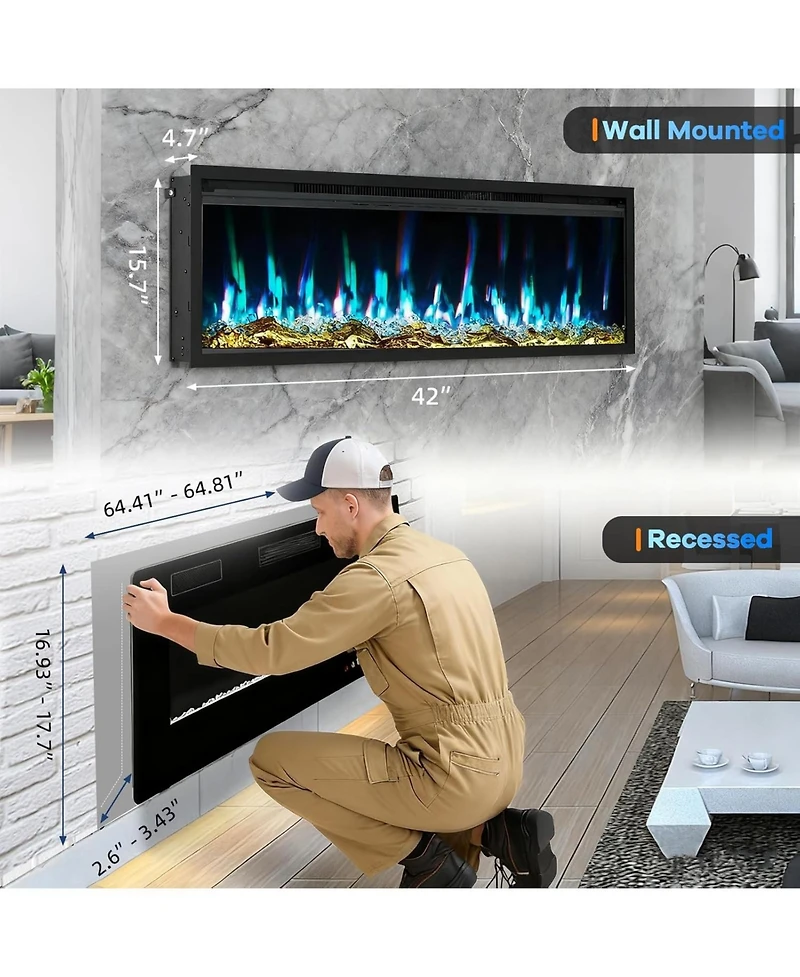 Gaomon 60" Wall Mounted/Recessed Electric Fireplace, 12 Flame Colors, Timer, Remote Control, 750/1500W, Log & Crystal