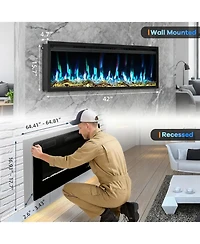 Gaomon 60" Wall Mounted/Recessed Electric Fireplace, 12 Flame Colors, Timer, Remote Control, 750/1500W, Log & Crystal