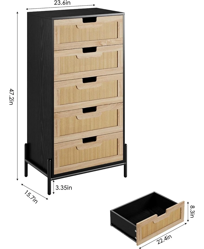Gaomon 5-Drawer Rattan & Wood Farmhouse Cabinet with Metal Legs – Modern Dresser