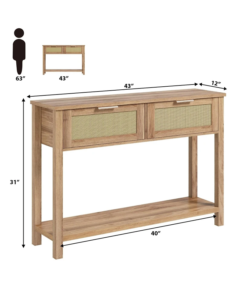 Gaomon Console Table with 2 Drawers Rattan Entryway Table with Storage Boho Sofa Table for Living Room Hallway or Foyer Home Furniture