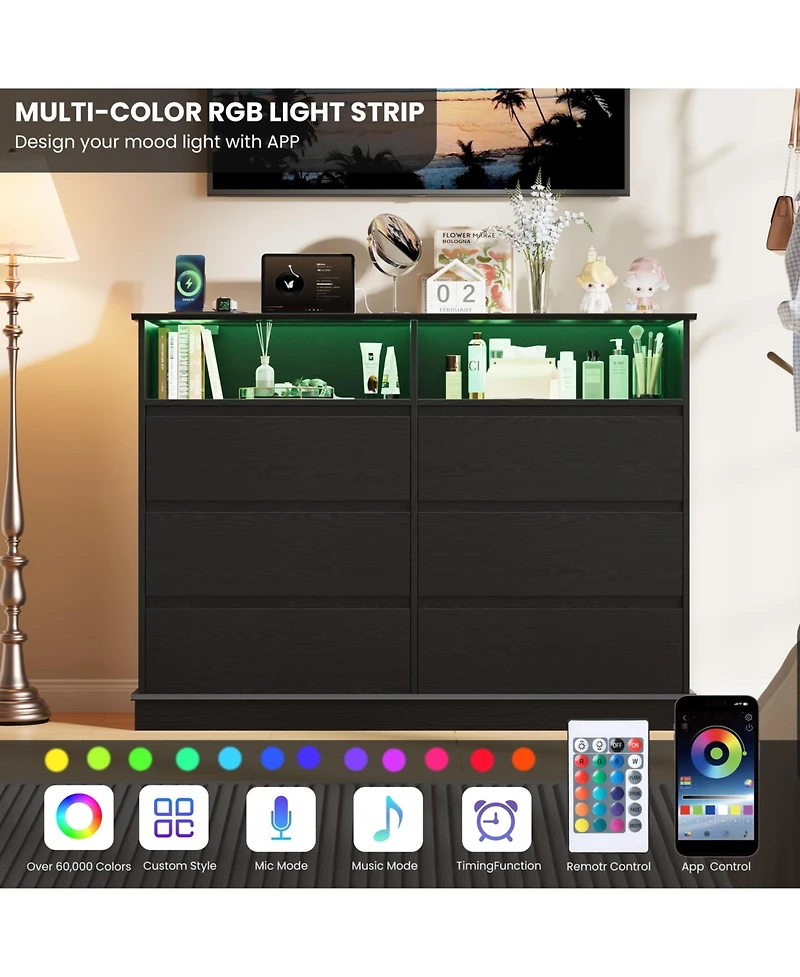 Gaomon Dresser for Bedroom with 6 Drawers, Modern Chest Featuring Led Lights and Charging Station, Spacious Storage Cabinet