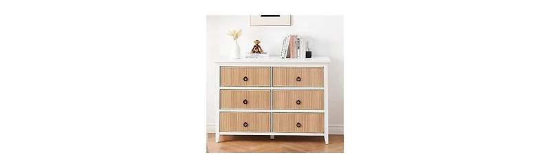 Gaomon 6-Drawer Modern Dresser with Fluted Panel Design, Wide Chest with Deep Storage Drawers and Tv Stand Function, Ideal for Bedroom, Natural White