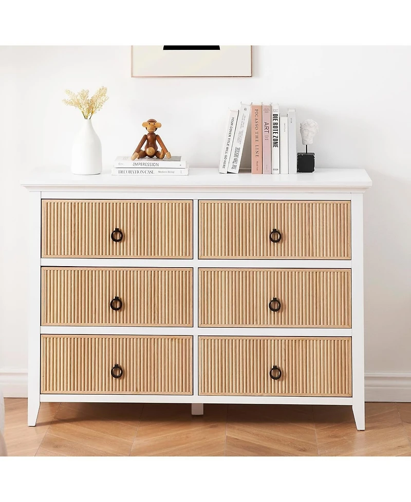 Gaomon 6-Drawer Modern Dresser with Fluted Panel Design, Wide Chest with Deep Storage Drawers and Tv Stand Function, Ideal for Bedroom, Natural White
