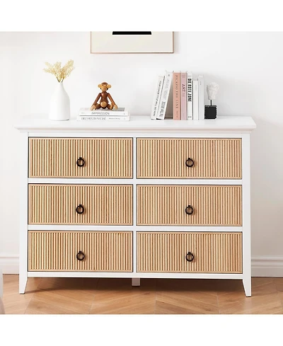 Gaomon 6-Drawer Modern Dresser with Fluted Panel Design, Wide Chest with Deep Storage Drawers and Tv Stand Function, Ideal for Bedroom, Natural White