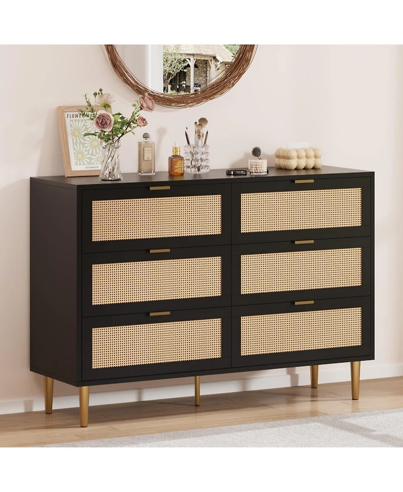 gaomon 6-Drawer Bedroom Dresser, Wood Storage Cabinet with Gold Legs & Handles, Boho Farmhouse Double Chest for Bedroom or Living Room
