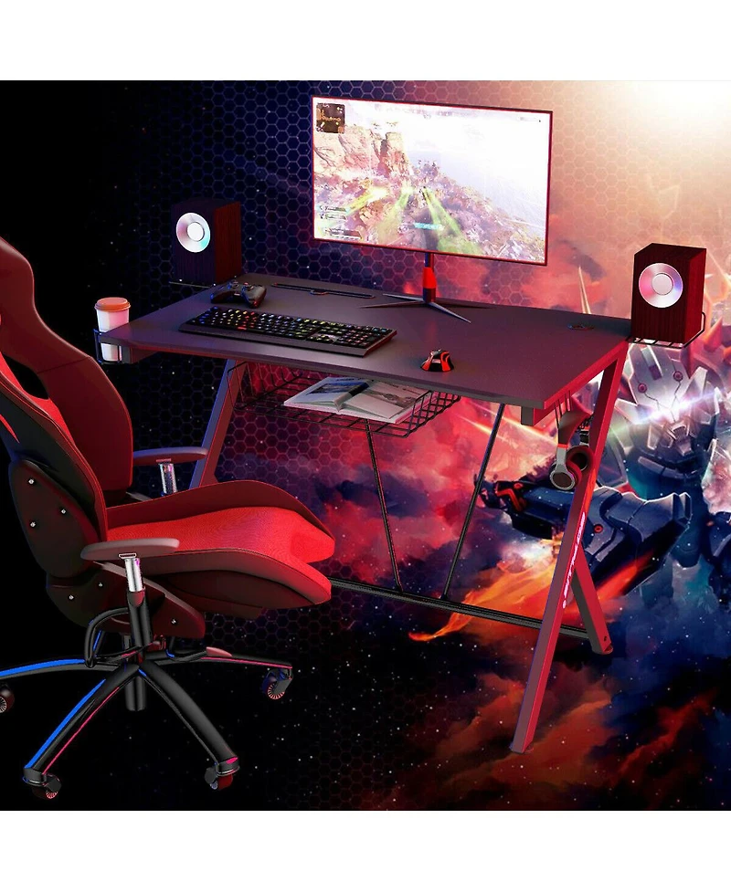 Gymax Gaming Desk Computer Desk Pc Table Workstation with Headphone Hook & Cup Holder