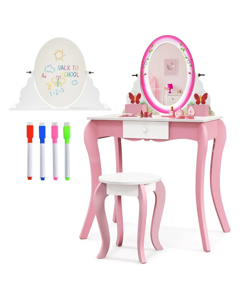 Gymax Kids Vanity Table Stool Set Pretend Play Makeup Desk with Whiteboard Markers