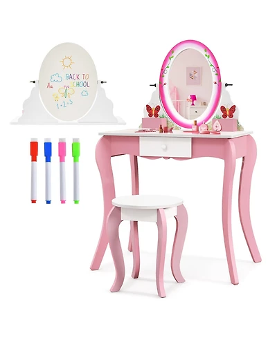 Gymax Kids Vanity Table Stool Set Pretend Play Makeup Desk with Whiteboard Markers