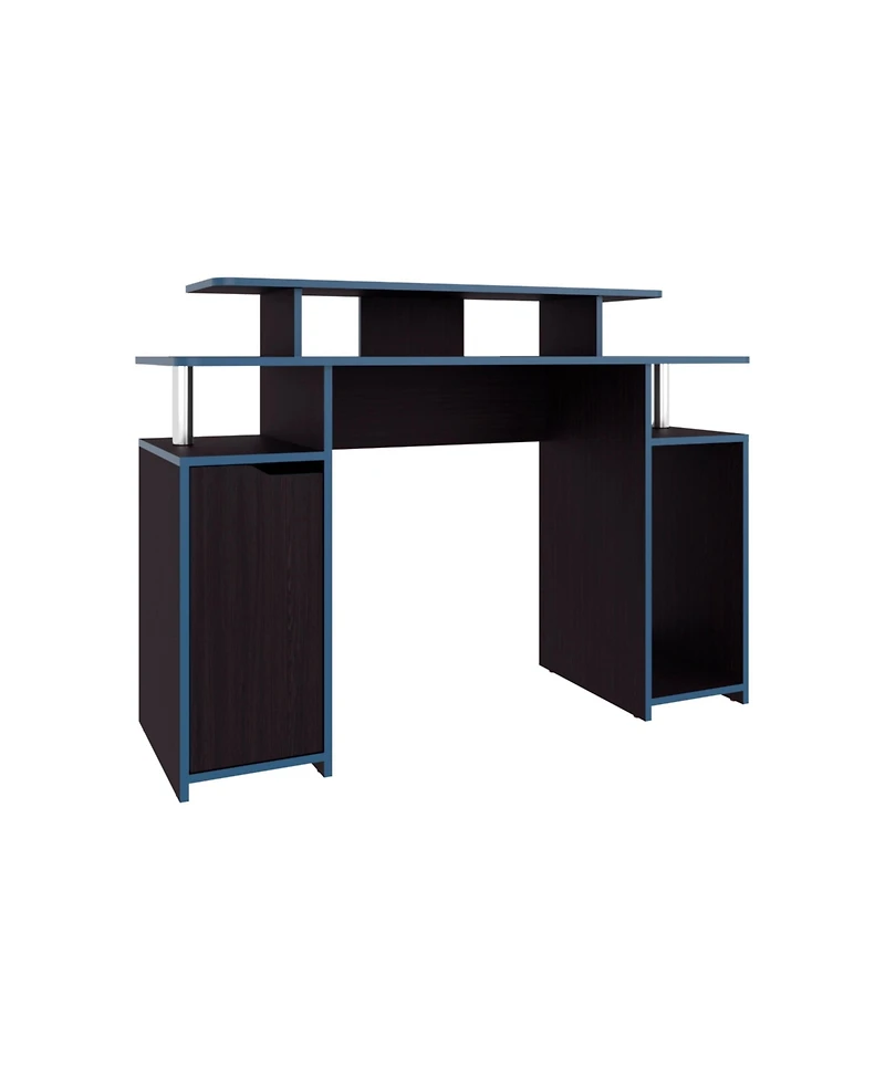 Flynama Wengue Gaming Desk with Blue Accents Six Shelves and Storage Door Compact Design for Organized Gaming Setups