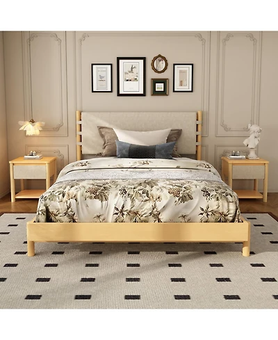 Streamdale Furniture Modern Queen Bed Frame Set with 2 Nightstands, Beige Wood Platform Bed