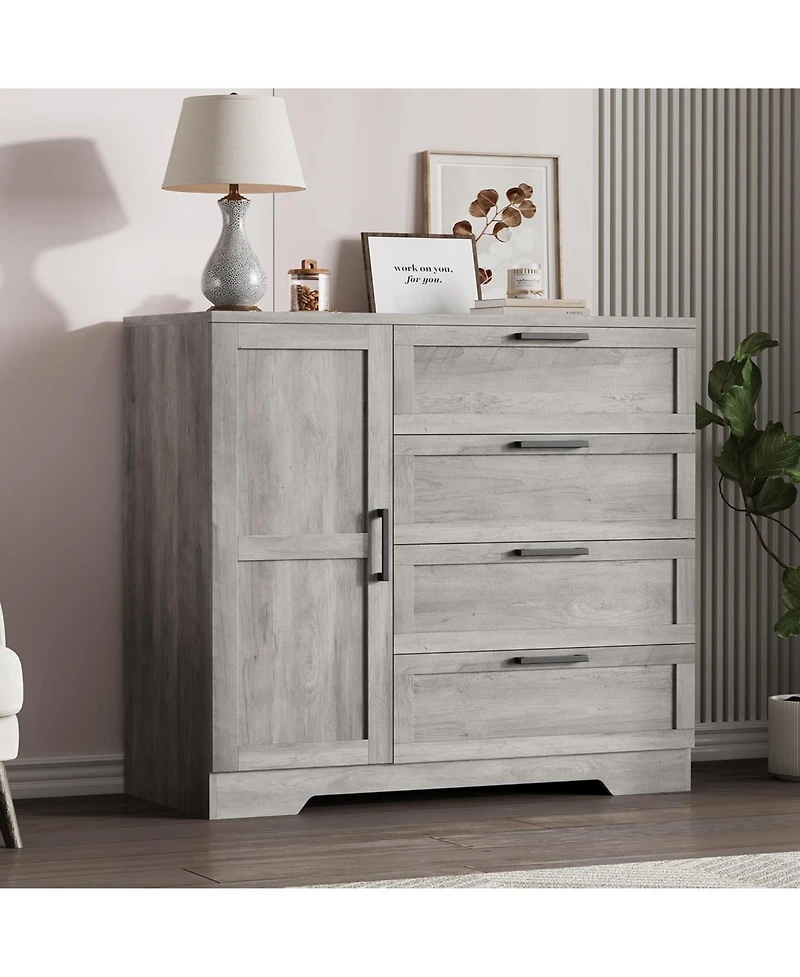 gaomon 43.3" H Armoire Wardrobe Closet with 4 Drawers & Hanging Rod, Multifunctional Wood Storage Cabinet for Bedroom