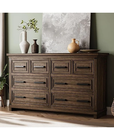 Farmhouse 8 Drawer Dresser for Bedroom Rustic Wood Chest of Drawers Vintage Storage Organizer for Living Room Tv Stand 55 Inch