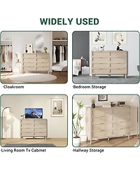 gaomon 8 Drawer Oak Dresser for Bedroom, Natural Rattan Chest with Gold Handles, Slim Wood Cabinet for Entryway or Living Room