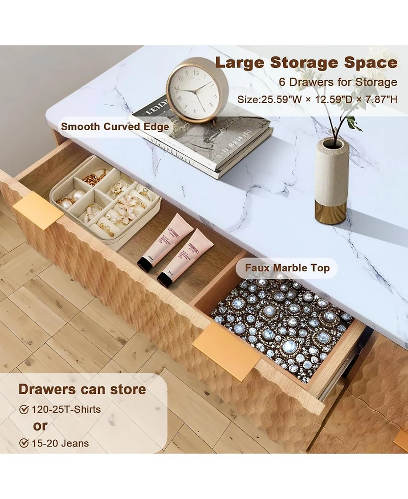 gaomon 54" Farmhouse Style 6-Drawer Chest with Faux Marble Top, Wide Wood Dresser for Bedroom & Living Room