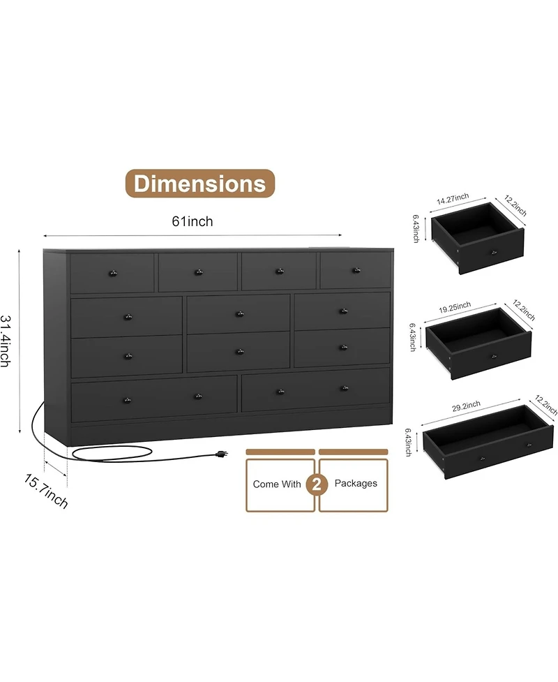 gaomon 12 Drawer Dresser for Bedroom, 61 Inch Wood with Power Outlet