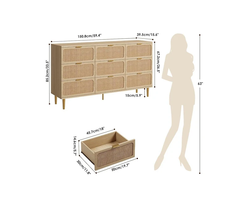 Gaomon Rattan 9 Drawer Dressers for Bedroom