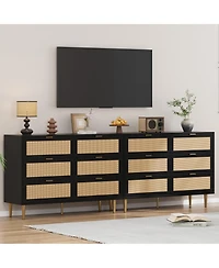 gaomon Natural Rattan 6 Drawer Dresser for Bedroom, Chest of Drawers with Gold Legs and Gold Handles, Wide Double Dresser