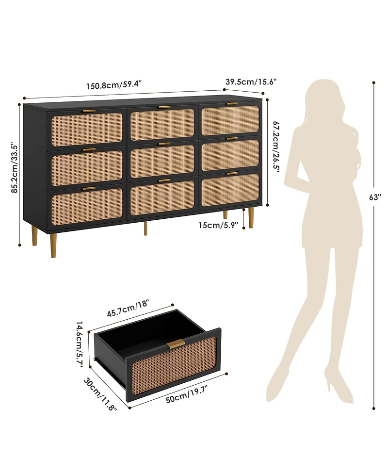gaomon Rattan -Drawer Dresser, Tall Wood Chest with Wide Top, Large Storage Cabinet for Bedroom, Living Room