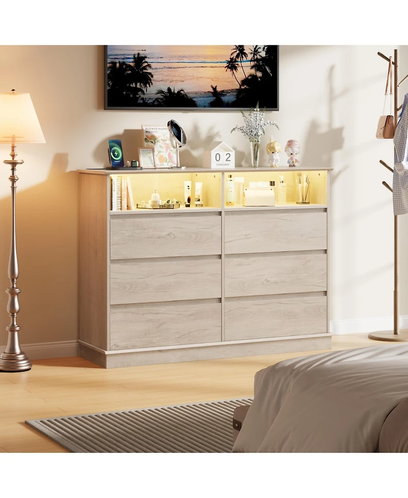 Gaomon Dresser for Bedroom with 6 Drawers, Modern Chest Featuring Led Lights and Charging Station, Spacious Storage Cabinet