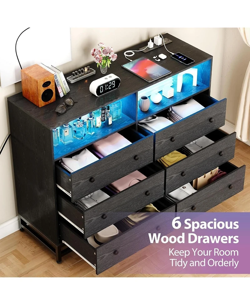 gaomon 6-Drawer Wide Bedroom Dresser with Charging Station and Led Lights, Modern Large Capacity Storage Cabinet, Pink